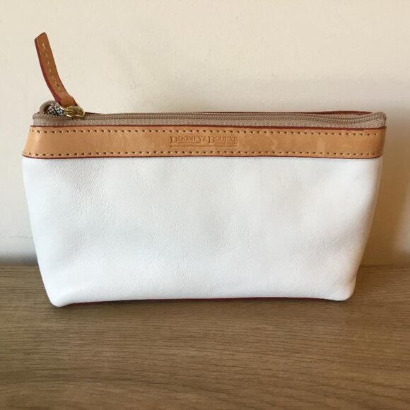 Dooney & Bourke Leather Cosmetic Makeup Case Pouch Clutch White Leather Tan Trim - Picture 1 of 7